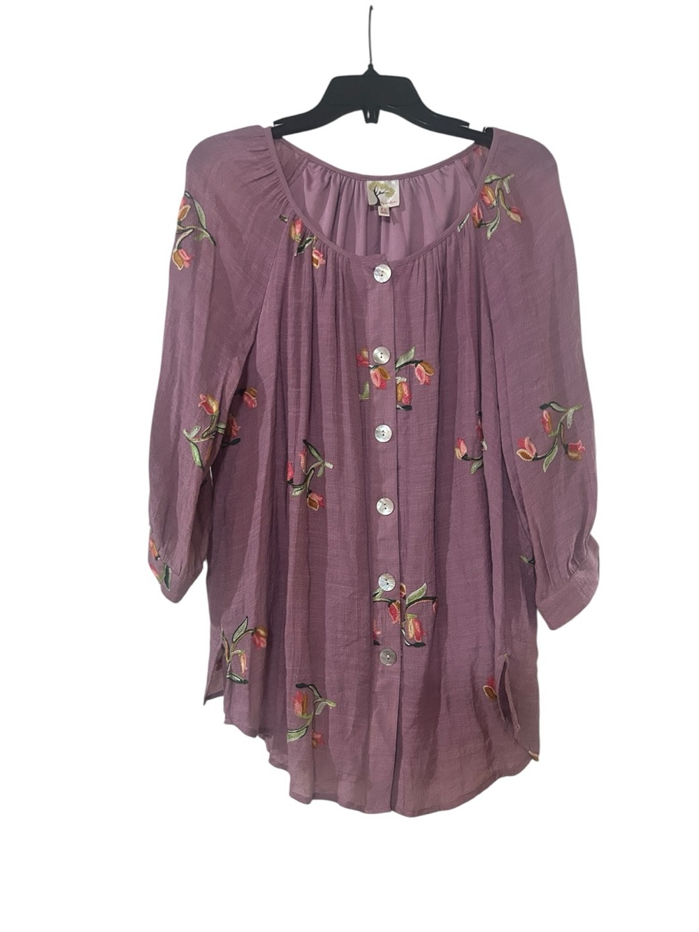 fig and flower Mauve Embroidered Button-Down Peasant Blouse